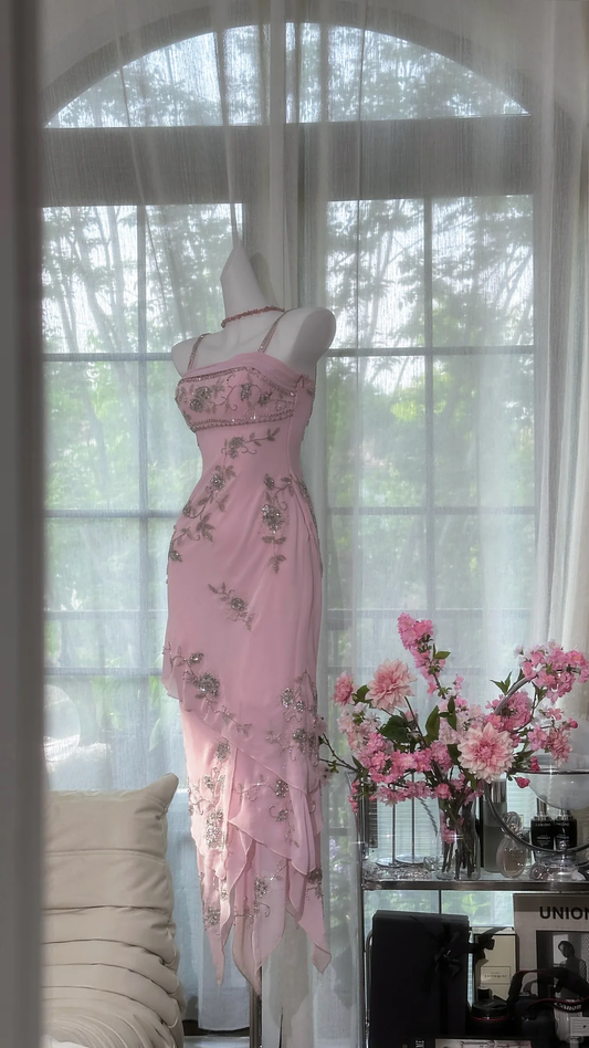 Sweet Spaghetti Straps Pink Chiffon Beaded Layered Mermaid Prom Dress Birthday Party Gown D1173