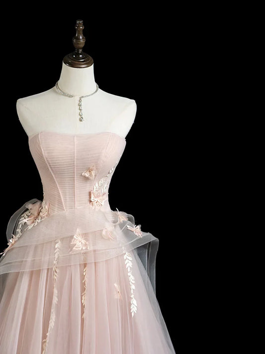 A-Line Tulle Applique Long Prom Dress, Pink Long Formal Dress EW0101