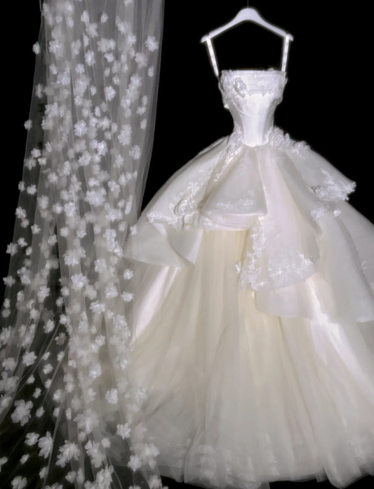 Elegant Ball Gown Applique Strapless Wedding Dresses Tulle Bridal Gowns White Bridal Dresses EW0106