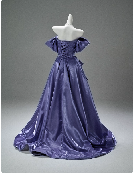 Fairy Off-the-shoulder A-Line Long Prom Dress Satin Applique Purple Formal Evening Dress Glam Graduation Dress EW010