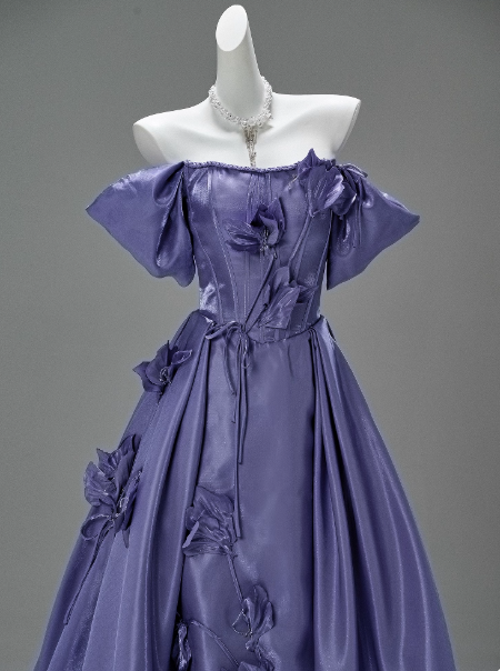 Fairy Off-the-shoulder A-Line Long Prom Dress Satin Applique Purple Formal Evening Dress Glam Graduation Dress EW010