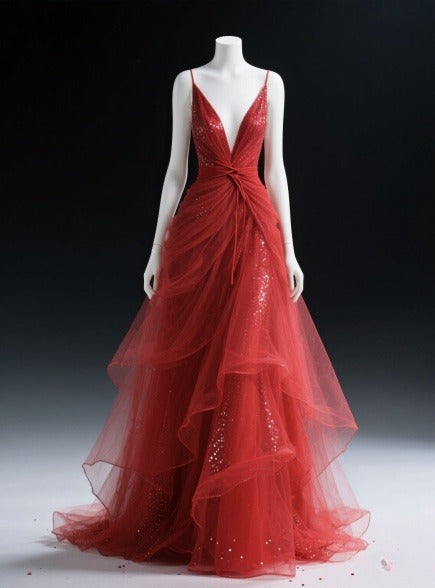Glam V-neck Sheath Tulle Long Prom Dresses, Red Burgundy Evening Dresses EW041