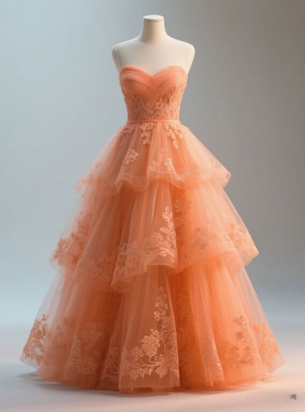 Cute Sweetheart Neck Ball Gown Tulle Appliques Long Prom Dresses, Coral Quinceanera Dresses EW044