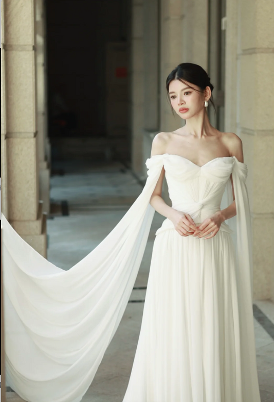 Timeless Off-the-Shoulder Sheath Chiffon Luxury Wedding Dress, White Sleeves Bridal Gowns EW066