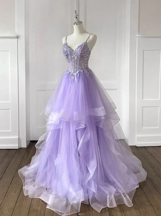 A-Line V Neck Tulle Sequin Blue Long Prom Dress, Blue Long Evening Dress EW092