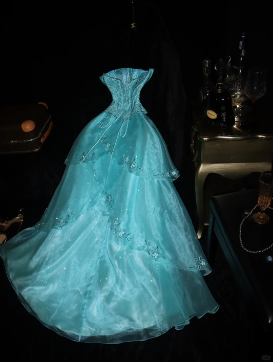 Classy A Line Strapless Beaded Layered Blue Organza Prom Dress Evening Dress SH3078