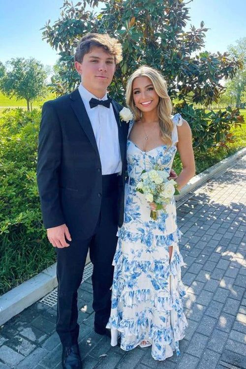 Blue Printed Long Formal Evening Dress Sleeveless Prom Gown With Split SH1353