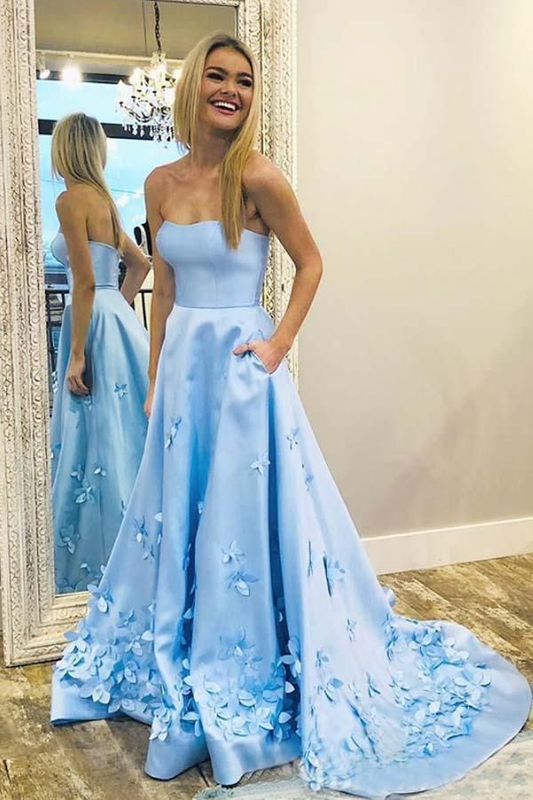 Strapless Blue Sweetheart Neck Sweep Train Satin Prom Dresses SH853
