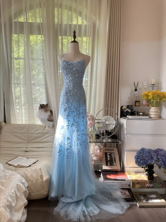 Light Blue A Line Spaghetti Straps Appliques Tulle Open Back Party Dress Evening Dress SH2935