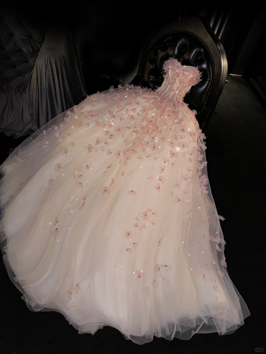 Romantic A Line Sweetheart Neck Floral Beaded Pink Tulle Prom Dress Evening Dress SH2978