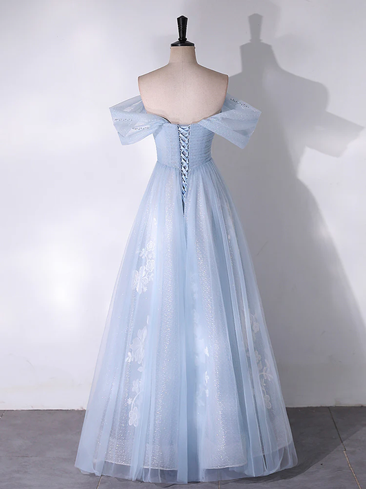 A-Line Off Shoulder Tulle Lace Blue Long Prom Dress, Blue Long Formal Dress MD7231