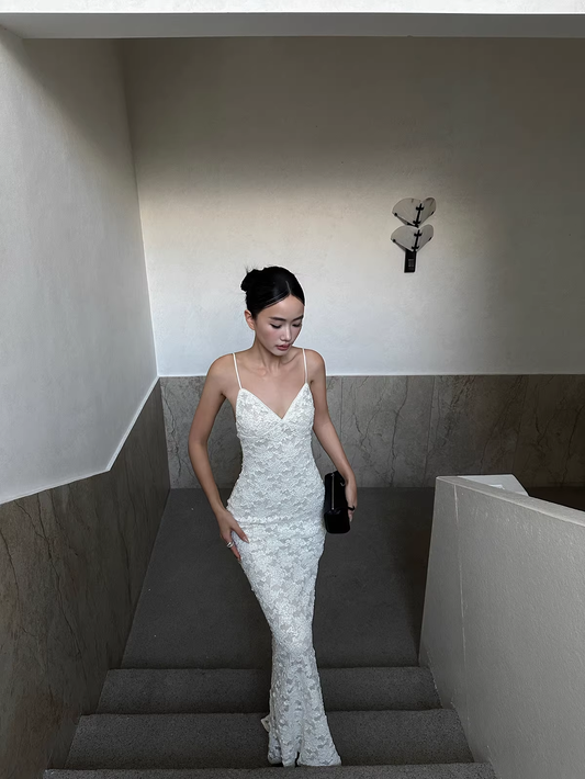 Pretty Spaghetti Straps V Neck Off White Lace Sequin Mermaid Long Evening Dress Formal Wedding Guest Dress D2125