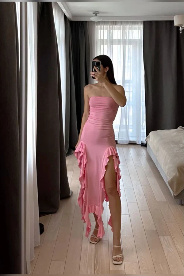 Sexy Sheath Ruffles Strapless Pink Prom Dress Evening Dress SH1518