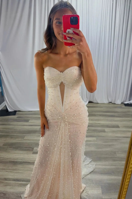 Fashion Pearls Sweetheart Strapless Mermaid Party Prom Dress