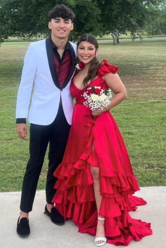 Fuchsia Crossed Top Ruffled Layers Long Prom Dress with Slit