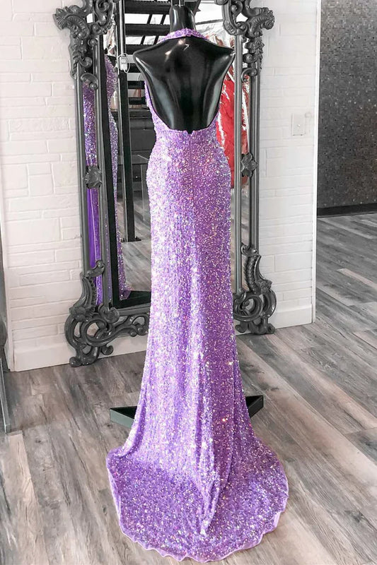 Fully Sequins Low V-Neck Halter Open Back Prom Dress