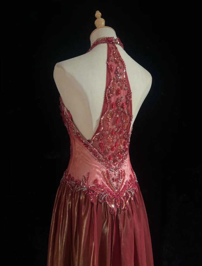 Retro Halter Satin Beaded A Line Long Wedding Guest Dress Formal Birthday Prom Dress Evening Gown SP1440