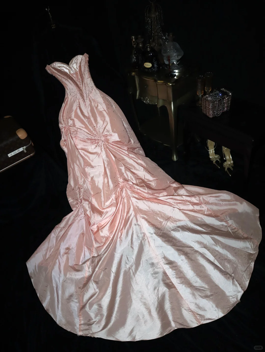 Princess A Line Sweetheart Neck Beaded Pink Satin Prom Dress Evening Dress SH3181