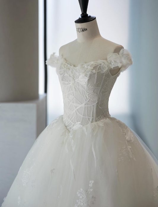 Elegant A Line Off the Shoulder Appliques Tulle Ball Gown Wedding Dress SH2027