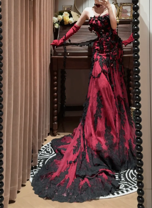 Sexy Burgundy Mermaid Spaghetti Strap Black Lace Tulle Long Prom Dresses SH4633