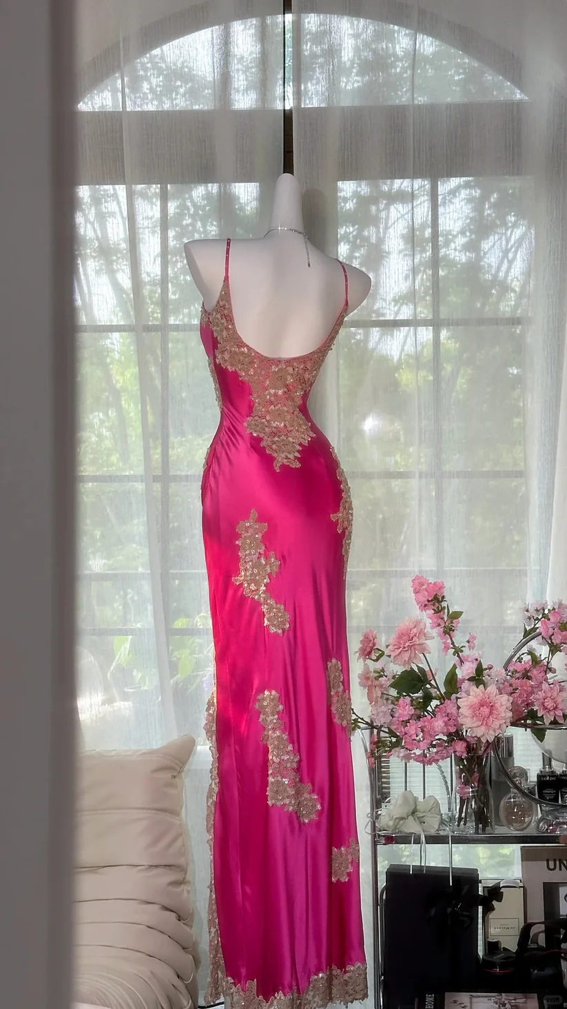 Vintage Sheath Spaghetti Strap Lace Champagne Satin Party Dress Evening Dress with Slit SH3345