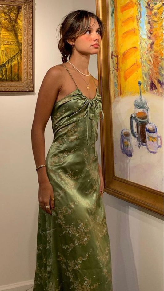 Green Vintage Printed Satin Party Dress Midi Length Formal Prom Dress SH1246