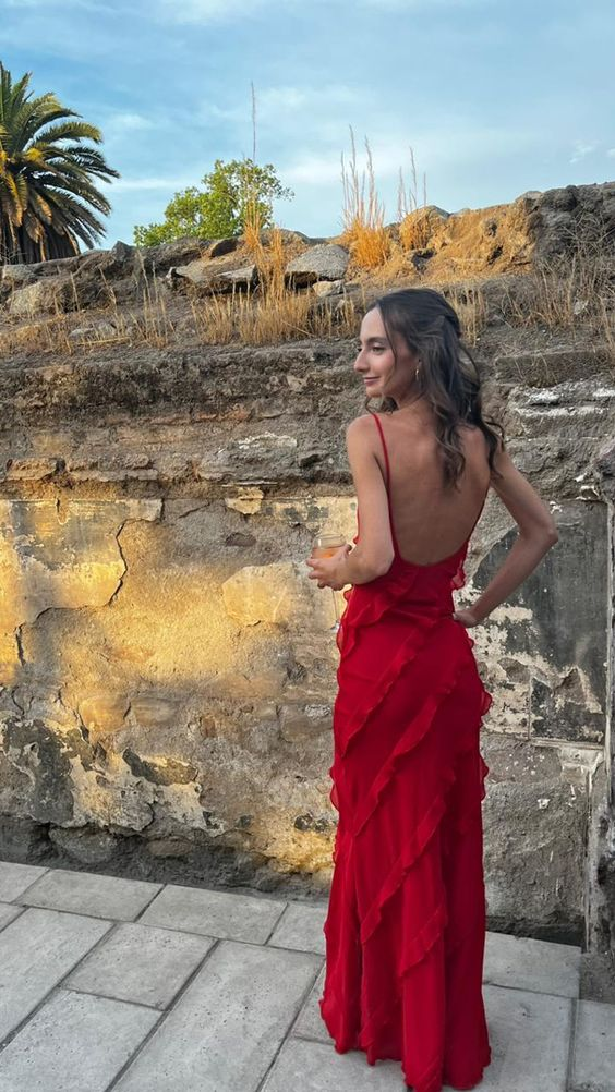 Red Backless Long Prom Dress With Ruffle SH727
