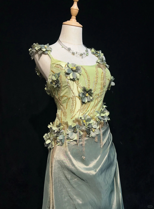 Vintage Green A Line Spaghetti Straps Beaded 3D Flower Satin Prom Dress Evening Dress SH3334