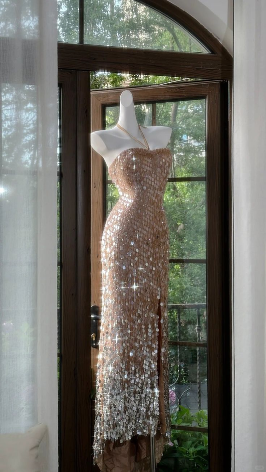 Gorgeous Halter Sequin Slit Mermaid Party Dress Long Evening Dress D878
