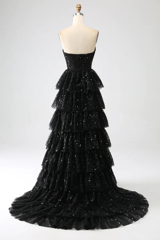 Glitter Tulle A-Line Strapless Tiered Long Party Prom Dress