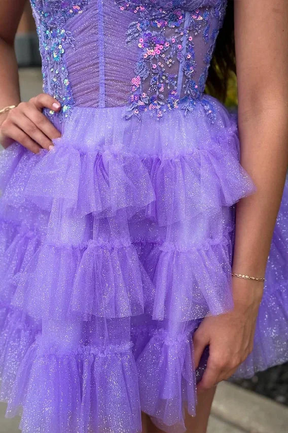 Glitter V-Neck Lace-Up A-Line Appliques Homecoming Dress