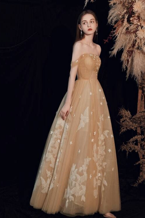 Off-Shoulder Tulle A-Line Appliques Party Prom Dress