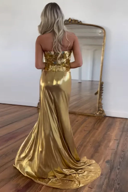 Gold Square Strapless Pleated Empire Beaded Mermaid Party Prom Dress
