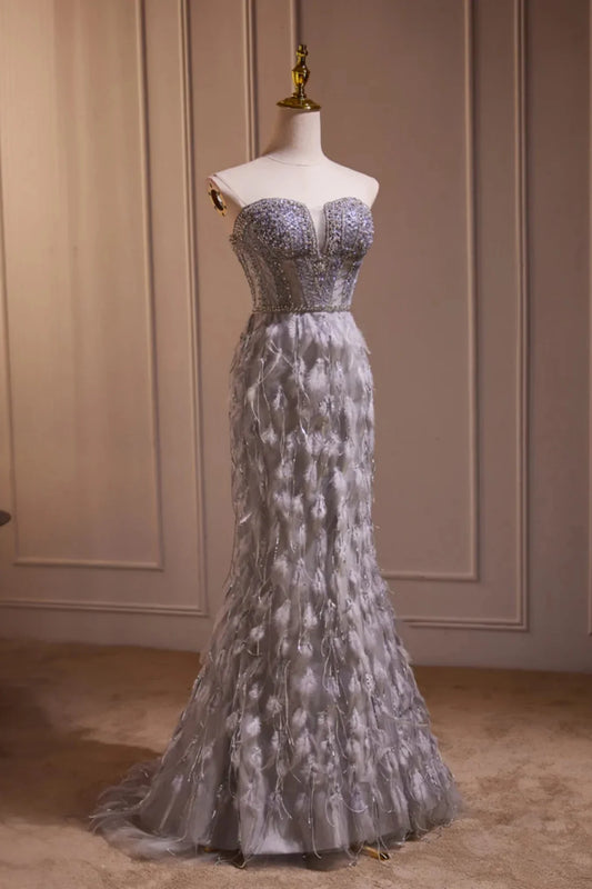 Grey Feather Mermaid Sweetheart Prom Dresses Sheer Beaded Bodice SH1708