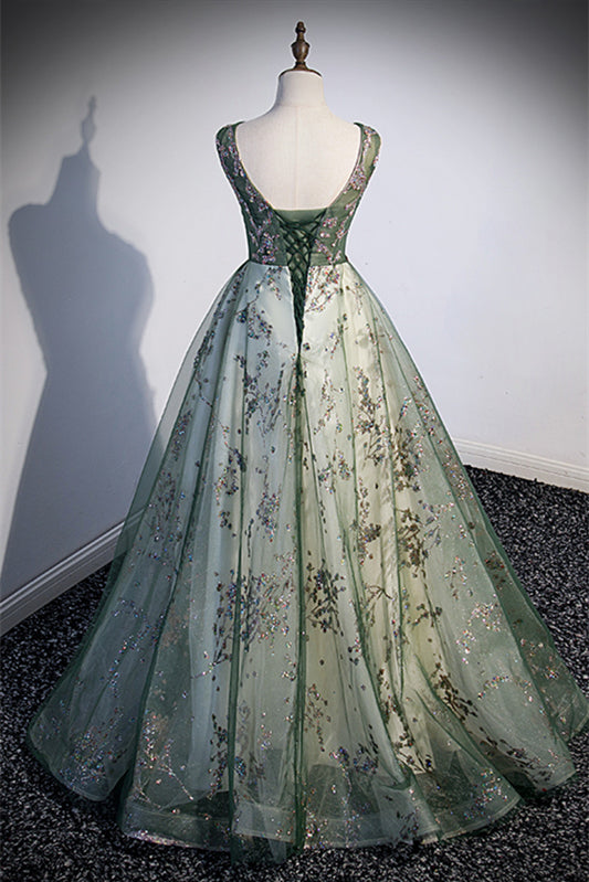 Round Sleeves A-Line Tulle Appliques Prom Dress