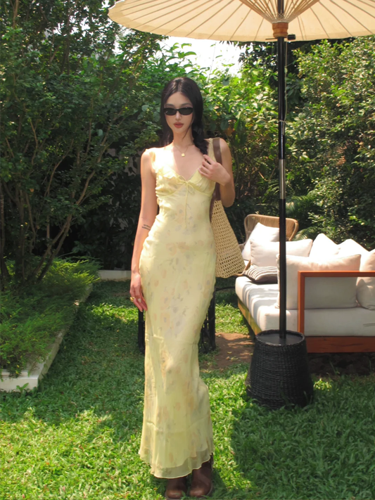 Cute Sheath Straps Print Floral Yellow Chiffon Long Party Dress Wedding Guest Dress SH2930