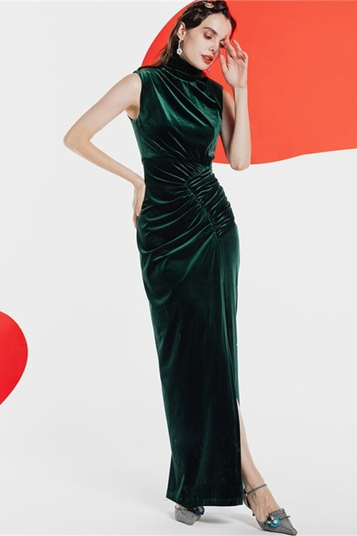 High Neck Dark Green Velvet Fitted Party Prom Dress