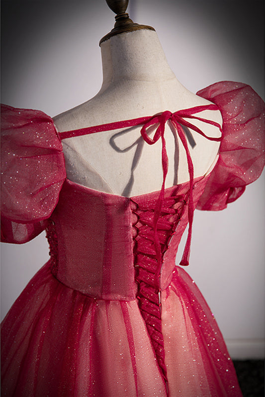 Sweetheart Short Sleeves Tulle A-Line Sparkly Party Prom Dress