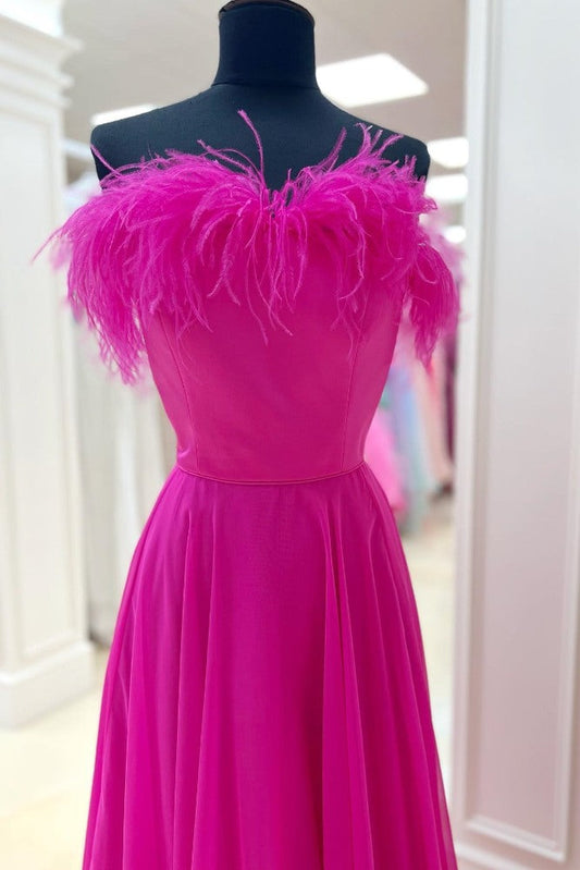 Hot Pink Strapless A-Line Prom Dress with Feather