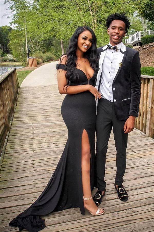 Side Slit Black Sheath Long Off Shoulder Sweetheart Mermaid Prom Dresses SH626