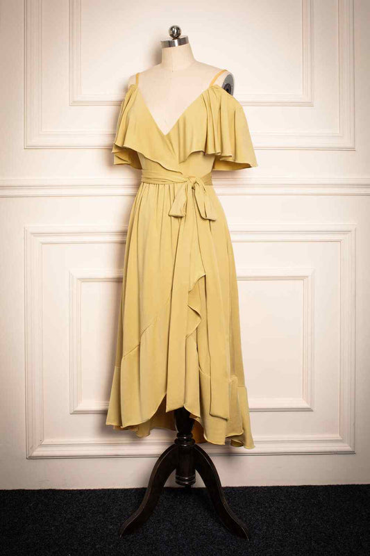 Yellow V Neck Flaunt Sleeves Faux-Wrap Chiffon Knee Length Bridesmaid Dress