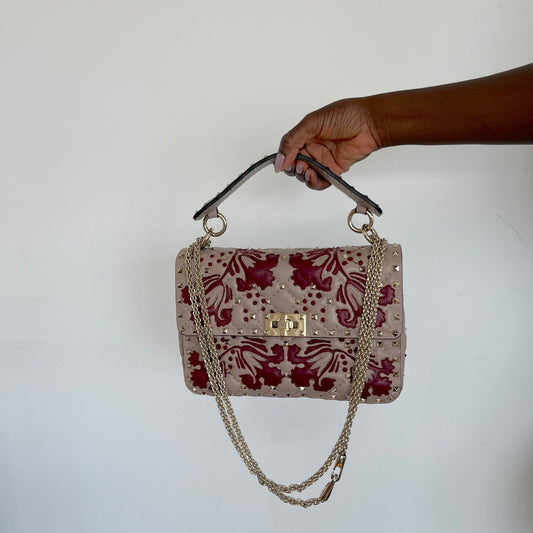Valentino Beige/Red Flower Intarsia Leather Rockstud Chain Shoulder Bag