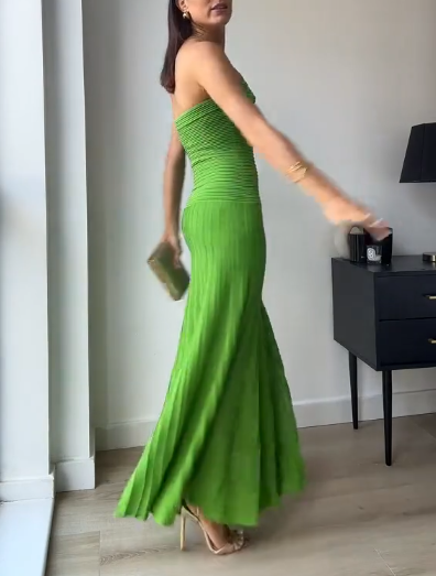 Sexy Green Strapless Satin Pleated Mermaid Long Wedding Guest Dress Birthday Prom Dress D1629