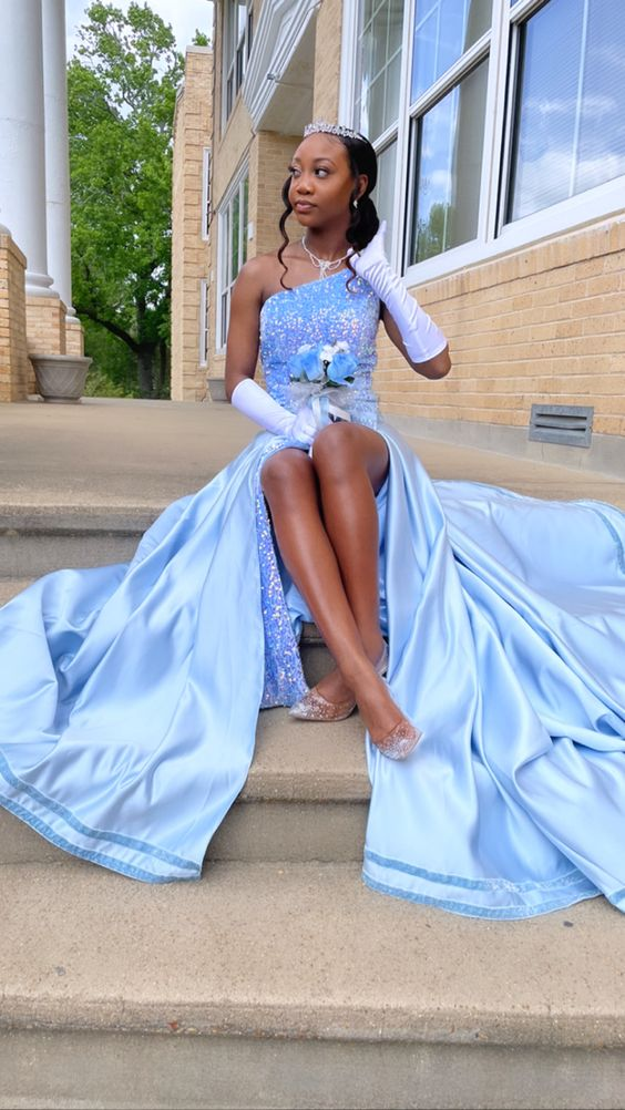 One Shoulder Sequins Satin Long Slit Prom Dress Formal Evening Dress SH906