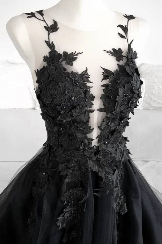 Classic Black Lace Tulle Long Prom Dress Black Evening Dress SH567