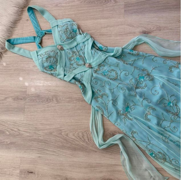 Classy Light Blue V Neck Chiffon Beaded Mermaid Long Party Dress Backless Evening Gown D1910