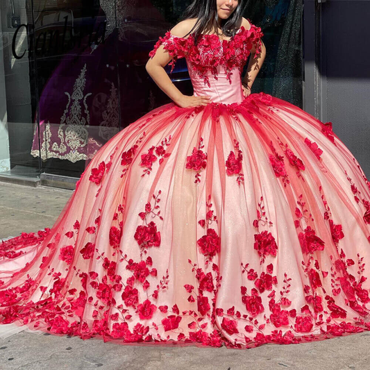Red Off The Shoulder 3D Flowers Sweet 16 Party Dress Quinceanera Dresses SH822