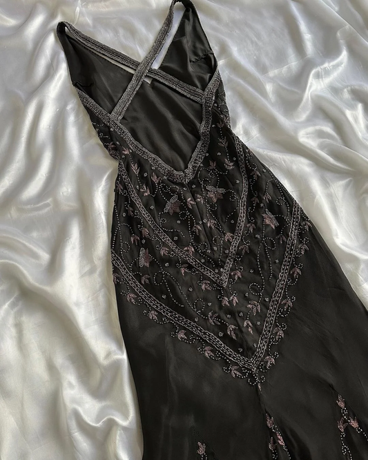 Vintage A Line V Neck Beaded Black Chiffon Open Back Prom Dress Evening Dress SH2501