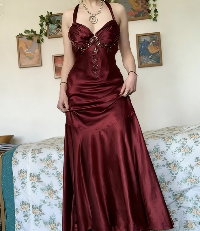 Vintage Halter V Neck Beaded Appliques 90s Prom Dress Mermaid Evening Dress SH1132