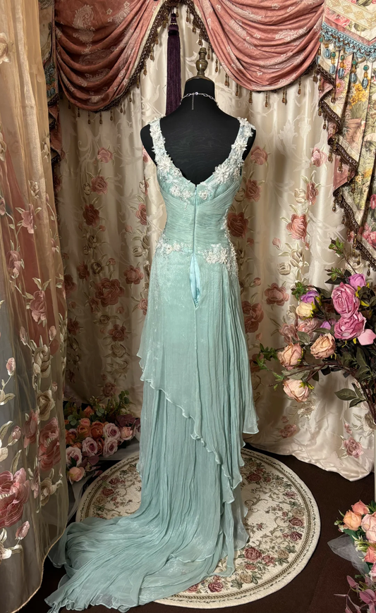 Gentle Blue A Line Straps White Appliques Chiffon Prom Dress Cocktail Dress SH3743